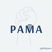 PAMA logo with light blue background, outline of a raised fist, and "PAMA" written across